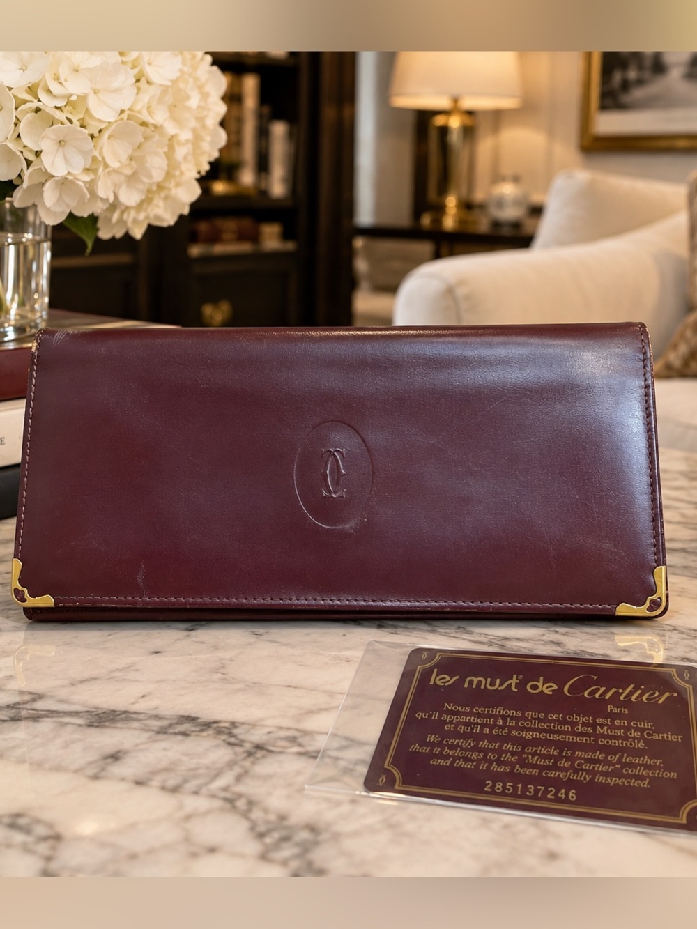 CARTIER Signature Crimson Leather Bi-Fold Vintage Long Wallet Bordeaux Burgundy